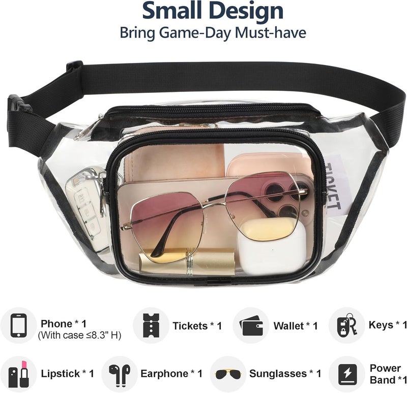 Veckle 2 Pack Clear Fanny Pack Stadium Approved - Adjustable Range 33” - 47“ Belt Bag for Women Men Fits Sports Events, Travel, Beach, Concerts, Transparent Waist Bag, Black + White - Image 4
