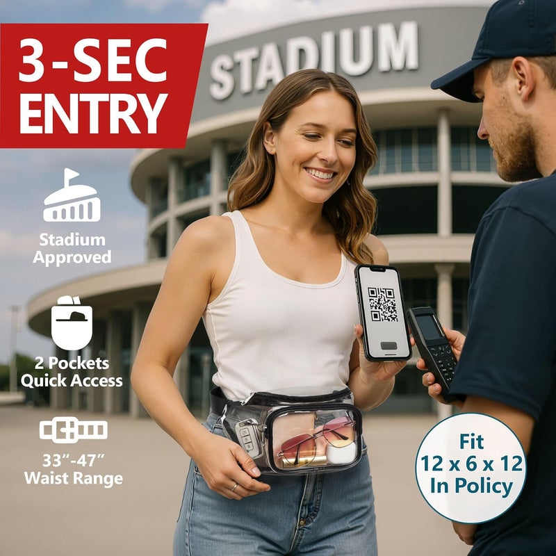 Veckle 2 Pack Clear Fanny Pack Stadium Approved - Adjustable Range 33” - 47“ Belt Bag for Women Men Fits Sports Events, Travel, Beach, Concerts, Transparent Waist Bag, Black + White - Image 2
