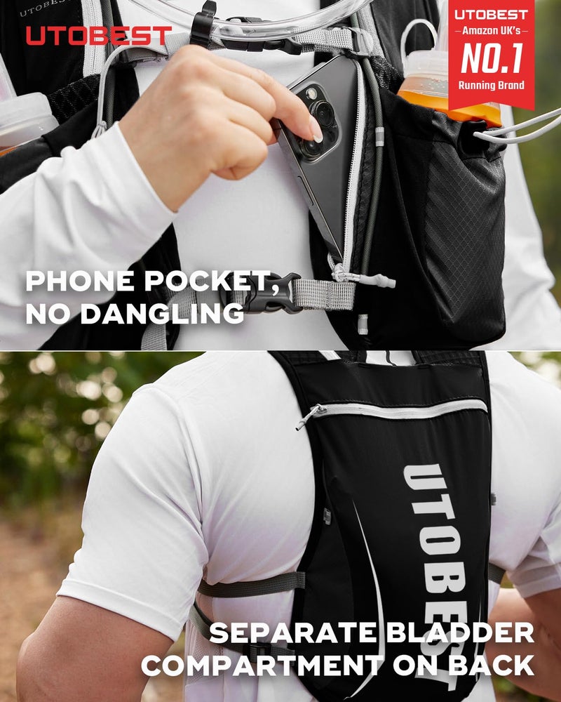 UTOBEST Running Vest, 5L Hydration Vest Lightweight, Breathable and Sweatproof Running Backpack, Adjustable for Trail Marathon Race Jogging Cycling Black (Vest Only) - Image 2