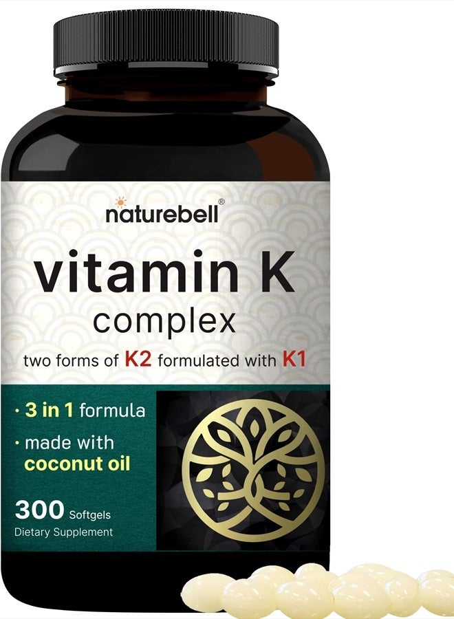 NatureBell Vitamin K Complex, K1 + K2 (MK-7 & MK-4) 2,600mcg Per Serving, 300 Coconut Oil Softgels | Max Absorption – Full Spectrum K Vitamins Supplement | Heart & Bone Support | Non-GMO - Image 1