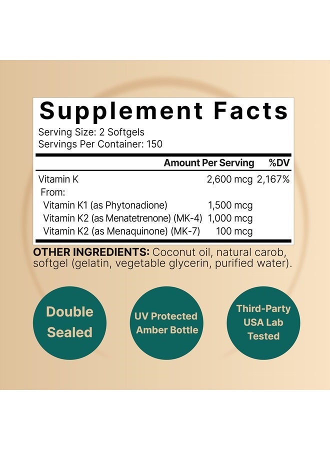 NatureBell Vitamin K Complex, K1 + K2 (MK-7 & MK-4) 2,600mcg Per Serving, 300 Coconut Oil Softgels | Max Absorption – Full Spectrum K Vitamins Supplement | Heart & Bone Support | Non-GMO - Image 2