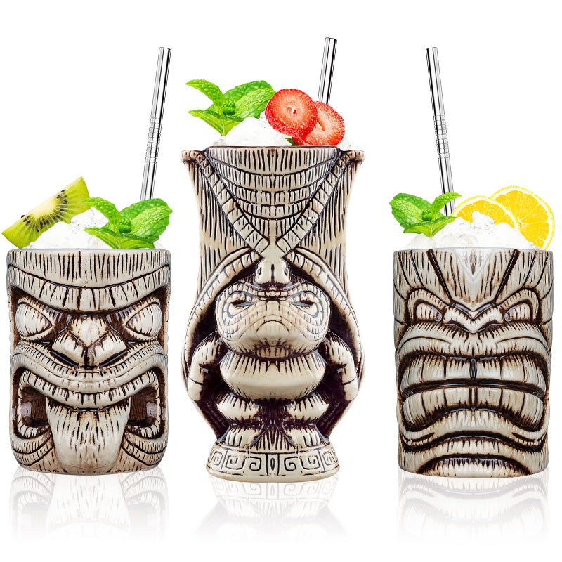 Ceramic Tiki Glasses  Cocktail Glasses  Mugs Set of 3  Exotic Tiki Cups  Professional Bar Decorations for Hawaiian Party Barware 3PCS