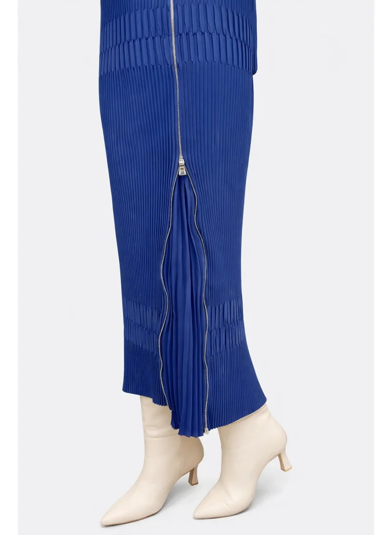 MissWhence  Zipper-Detail Pleated Midi Skirt - Navy for Women | Best Price UAE