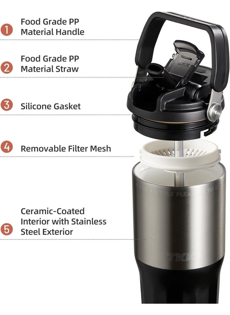 TKK 24 oz Ceramic Coated Tumbler with Straw Lid, 18/10 Stainless Steel Vacuum Tumblers, Leakproof Double Walled Iced Car Cup with Handle & Tea Infuser& Dishwasher Safe, for Hot & Cold Drinks, Black - Image 2