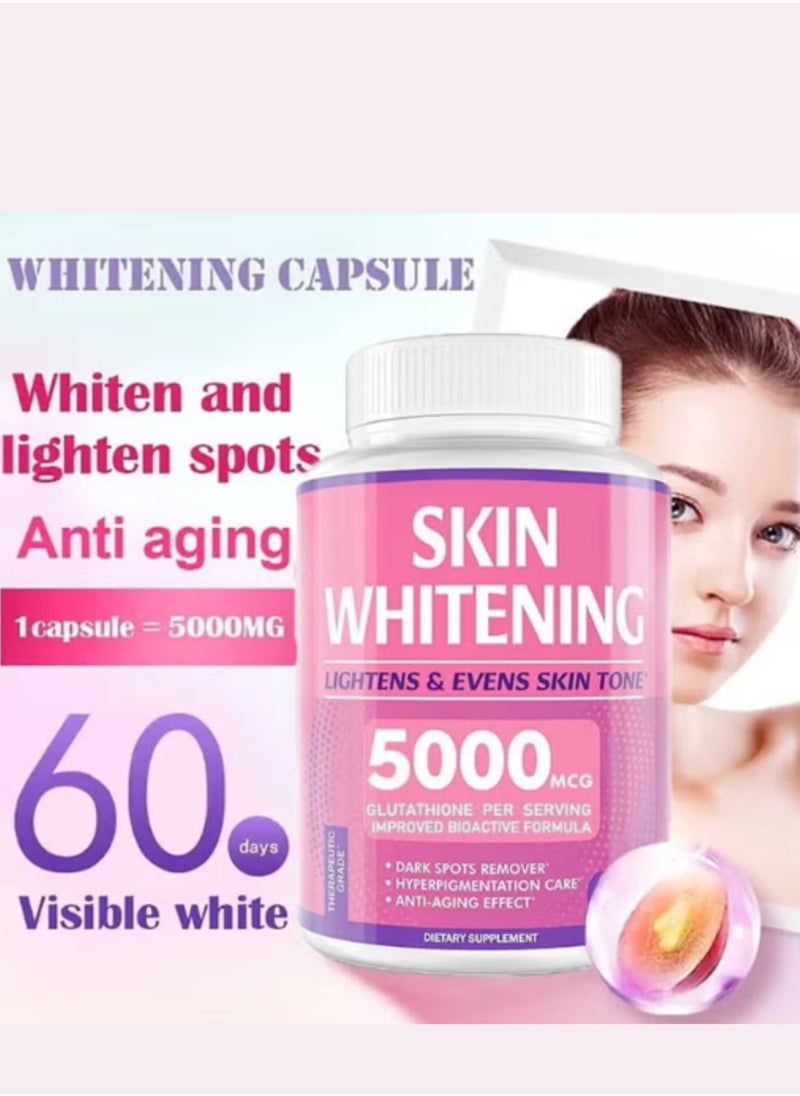 SKIN - Glutathione Whitening Pills - 60 Capsules 5000mg Glutathione - Effective Skin Lightening Supplement - Dark Spots, Melasma & Acne Scar Remover, Hyperpigmentation Treatment - Anti-Aging Antioxidant - Image 1