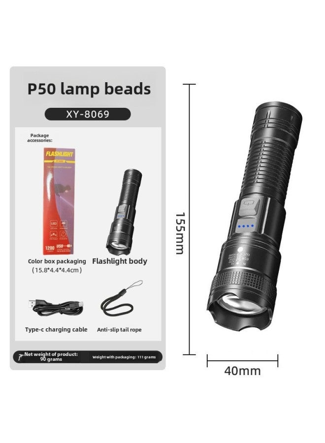 Super Light Rechargeable Flashlight Outdoor Patrol Spotlight Zoom Aurora Cannon Large Floodlight Laser Cannon-Product Specifications:Electronic Display + Zoom 1200 + Output + P50 - Image 1