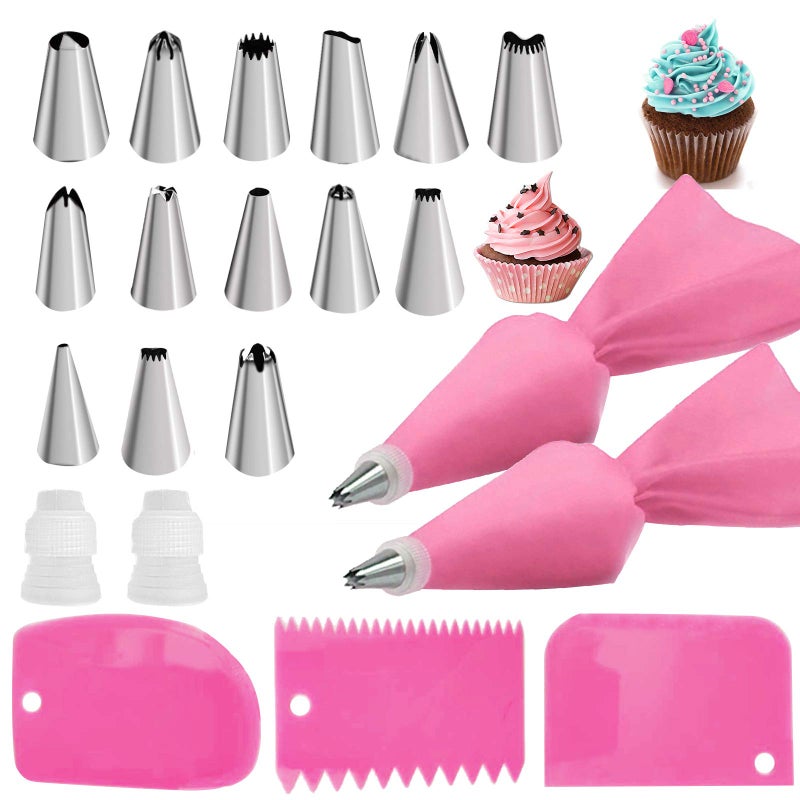 Jutoe 22pcs Piping Bags and Tips set2 Reusable Silicone Pastry Bag with 14 Stainless Steel Nozzle Icing Tips Set 3 Icing Smoother  2 Couplers 1Sealing clip for Baking Decorating Cake Tool Pink