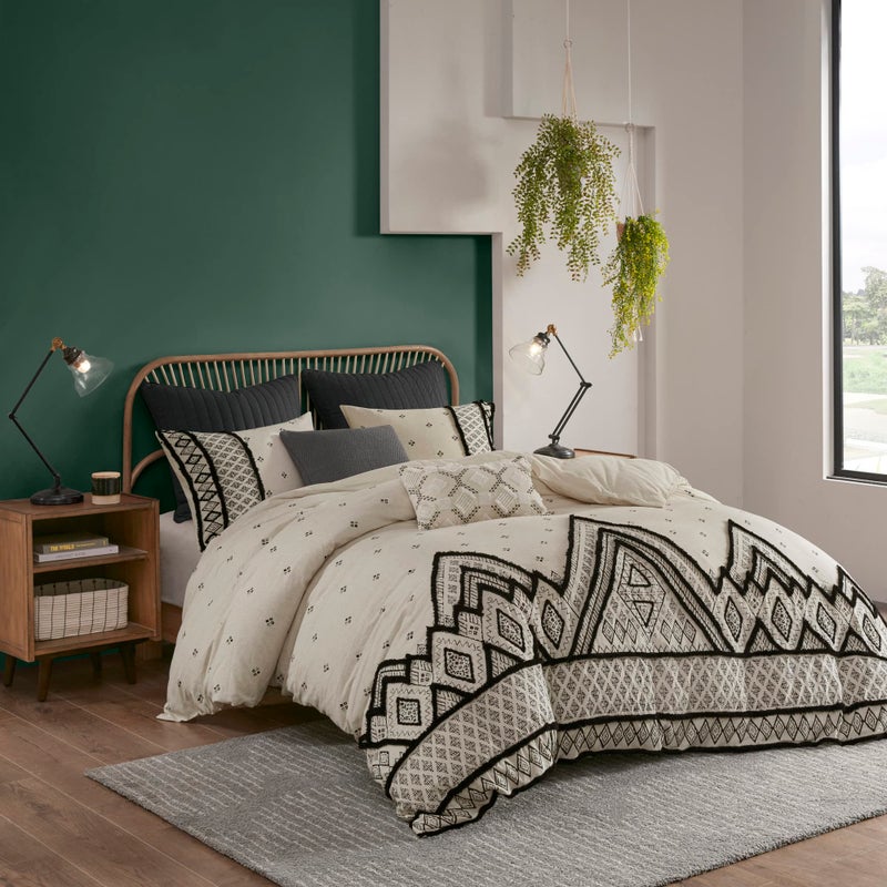 Ink+Ivy INKIVY Marta Flax LinenCotton Duvet Set Modern Boho Design with Trim Accent Breathable All Season Cover for Comforter Bedding Matching Shams FullQueen88x92 Natural 3 Piece 