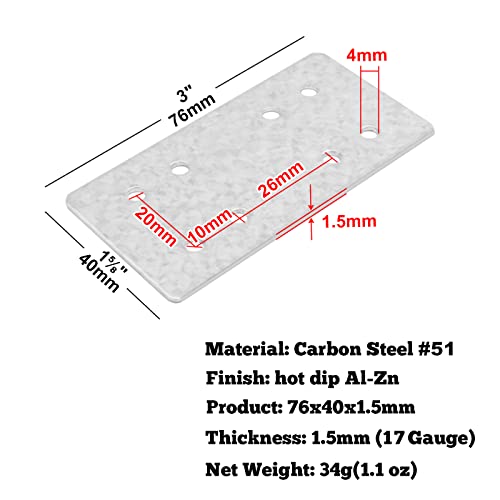 GBGS 20 PCS 3" x 1-5/8" Flat Tie Plate,Flat Mending Plate for Wood Beam Splice Repair,Hot Dip Al-Zn - Image 2