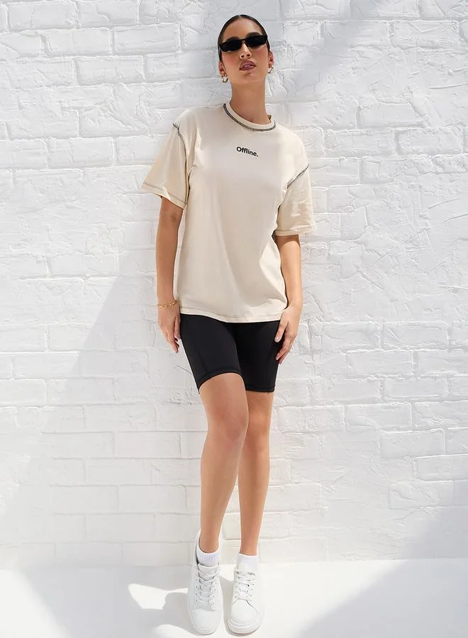 Styli Oversized Drop Shoulder Slogan T-Shirt with Exposed Seam