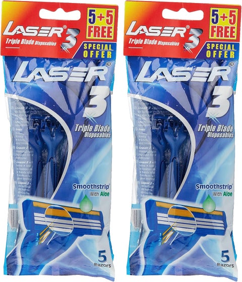 Laser 3 Triple Blade Disposable Shaving Razor - 10 Pack with Aloe & Vitamin E