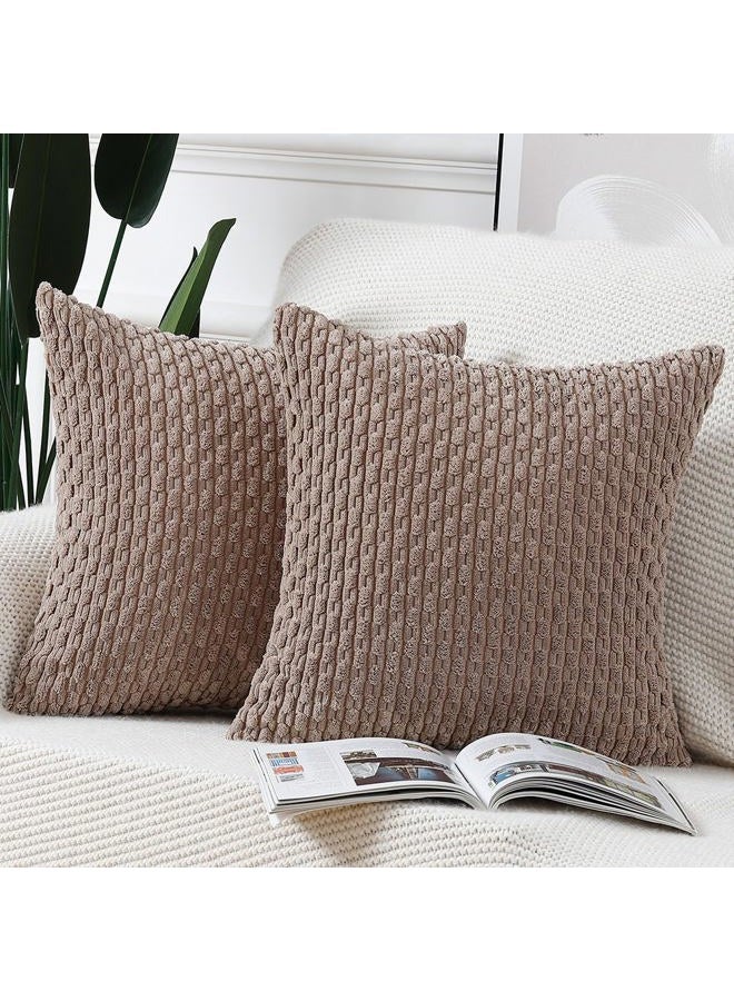 COSnu Pack of 2 Boho Corduroy Striped Throw Pillow Covers 18x18 Inch Brown Soft Decorative Cushion Cover for Bedroom Sofa Pillow Shell - Image 1