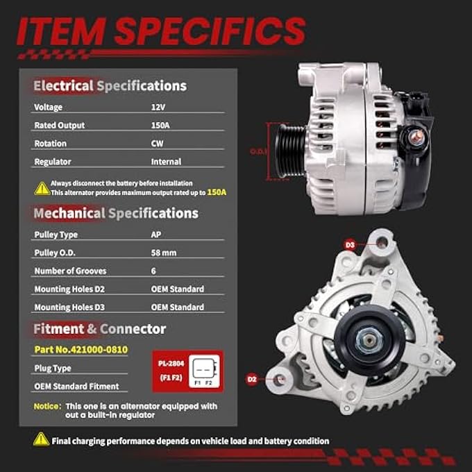 TSSLIIN High Output Alternator for-Jeep Wrangler 2012 2013 2014 2015 2016 2017 2018, Wrangler JK 2018 V6 3.6L 160Amp 12V CW 6-Groove Pulley, Replacement Auto OE 421000-0810 11584N - Image 3