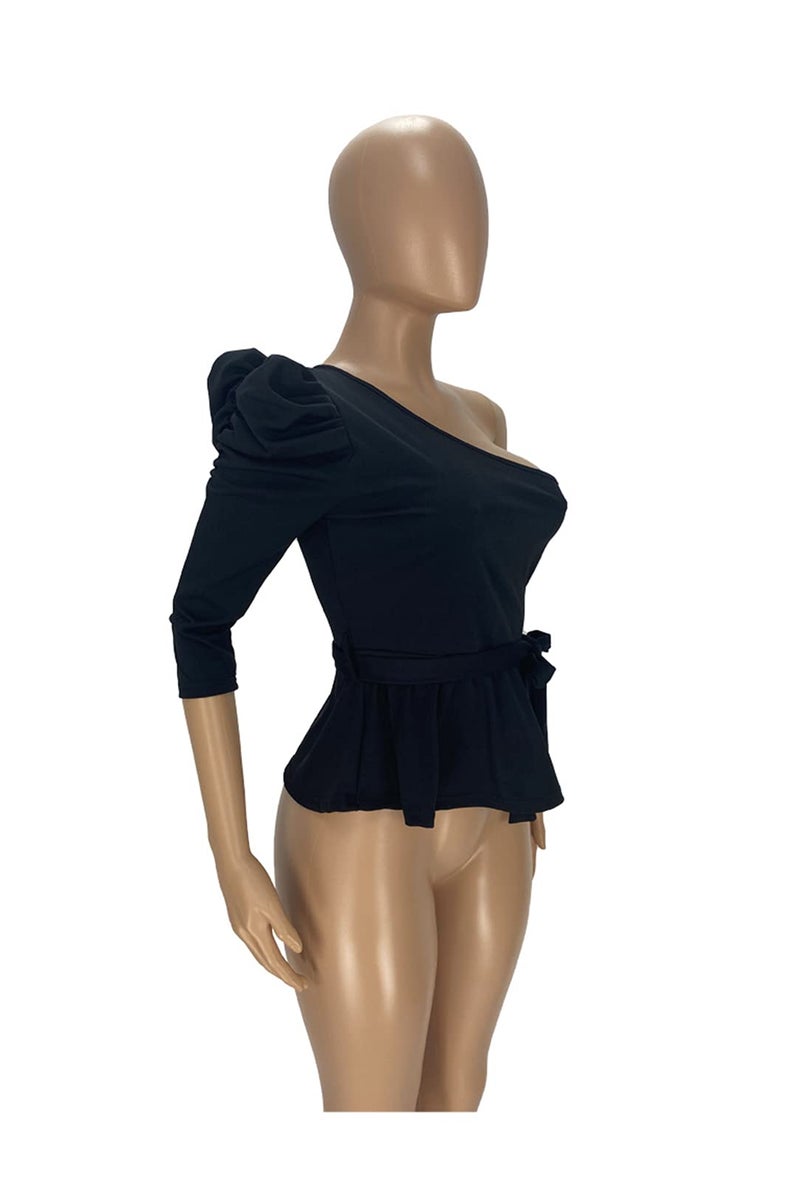Ekaliy Women Sexy One Shoulder Sleeveless Bodycon High Low Asymmetrical Ruffle Tunics Blouse Shirt Top Dress - Image 4