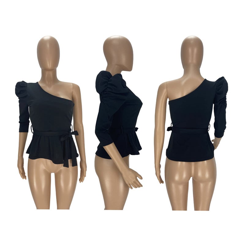 Ekaliy Women Sexy One Shoulder Sleeveless Bodycon High Low Asymmetrical Ruffle Tunics Blouse Shirt Top Dress - Image 5