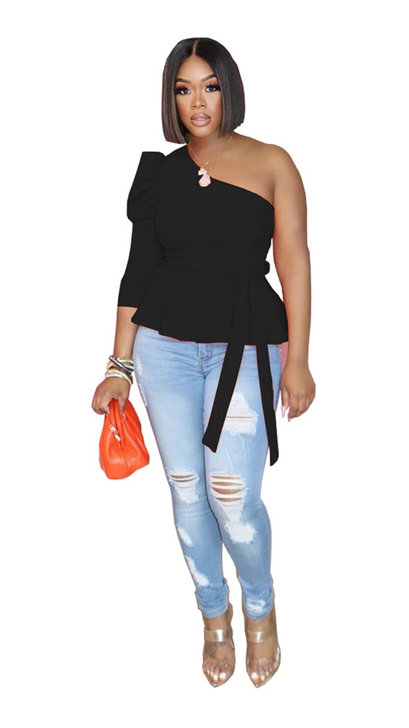 Ekaliy Women Sexy One Shoulder Sleeveless Bodycon High Low Asymmetrical Ruffle Tunics Blouse Shirt Top Dress - Image 1