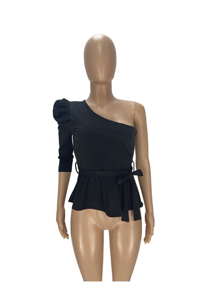 Ekaliy Women Sexy One Shoulder Sleeveless Bodycon High Low Asymmetrical Ruffle Tunics Blouse Shirt Top Dress - Image 3