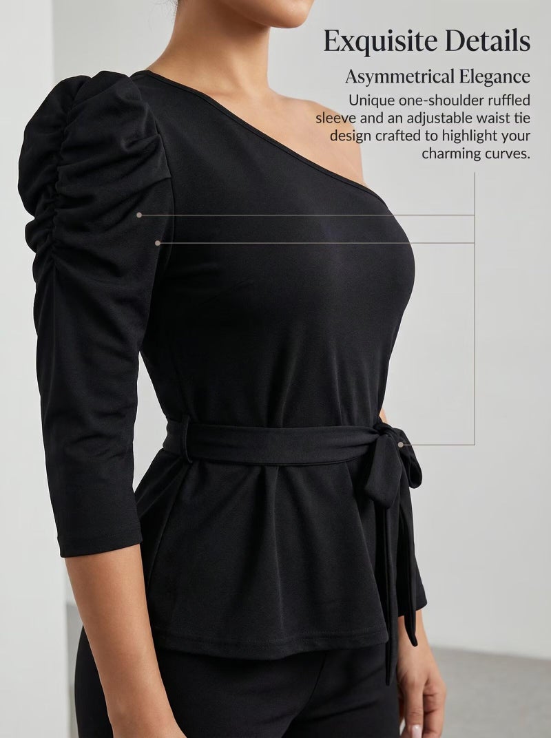 Ekaliy Women Sexy One Shoulder Sleeveless Bodycon High Low Asymmetrical Ruffle Tunics Blouse Shirt Top Dress - Image 3
