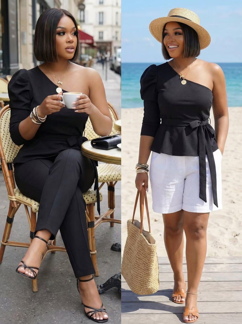 Ekaliy Women Sexy One Shoulder Sleeveless Bodycon High Low Asymmetrical Ruffle Tunics Blouse Shirt Top Dress - Image 5