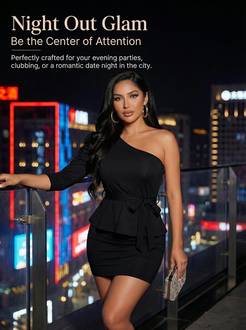 Ekaliy Women Sexy One Shoulder Sleeveless Bodycon High Low Asymmetrical Ruffle Tunics Blouse Shirt Top Dress - Image 4