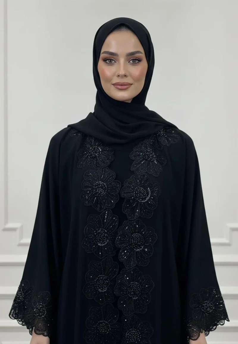 نخبة Aisha Floral Lace & Beaded Abaya| Nida Fabric-2P915