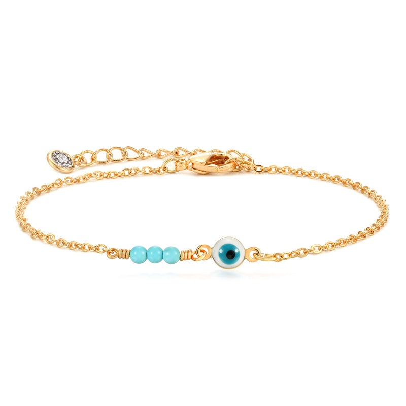 MEVECCO Bracelet for Women Gold Evil Eye Ball Turquoise Trio Bead Wire Wrapped 14K Gold Plated Dainty Chain Handmade Simple Protection Jewelry - Image 1