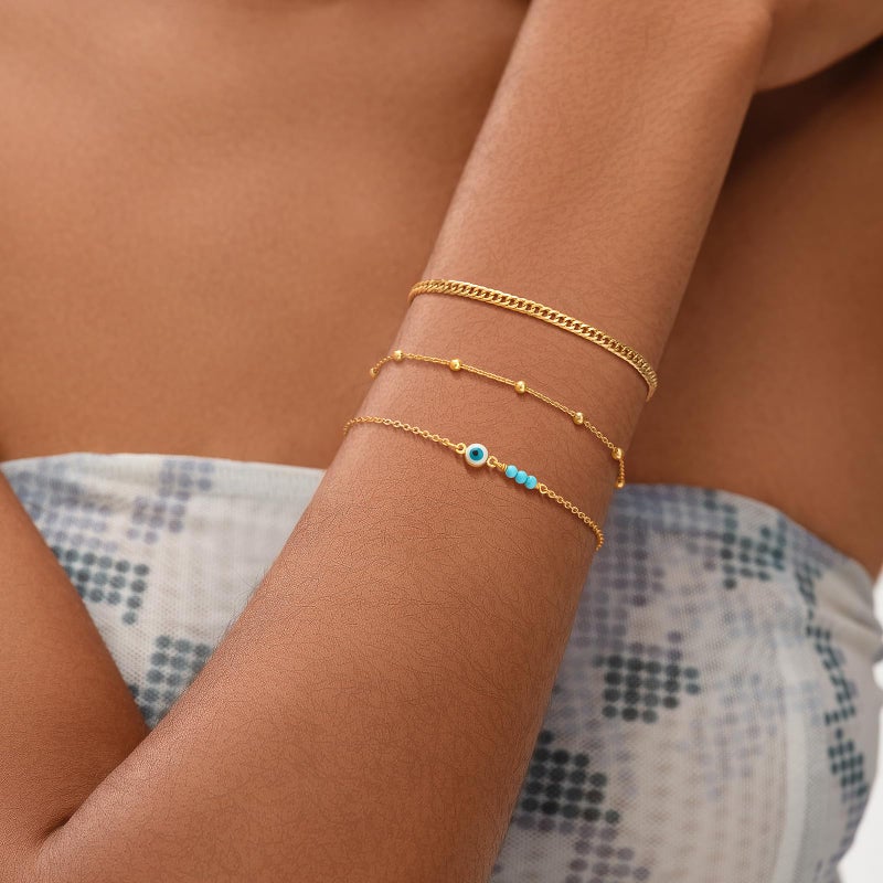 MEVECCO Bracelet for Women Gold Evil Eye Ball Turquoise Trio Bead Wire Wrapped 14K Gold Plated Dainty Chain Handmade Simple Protection Jewelry - Image 3