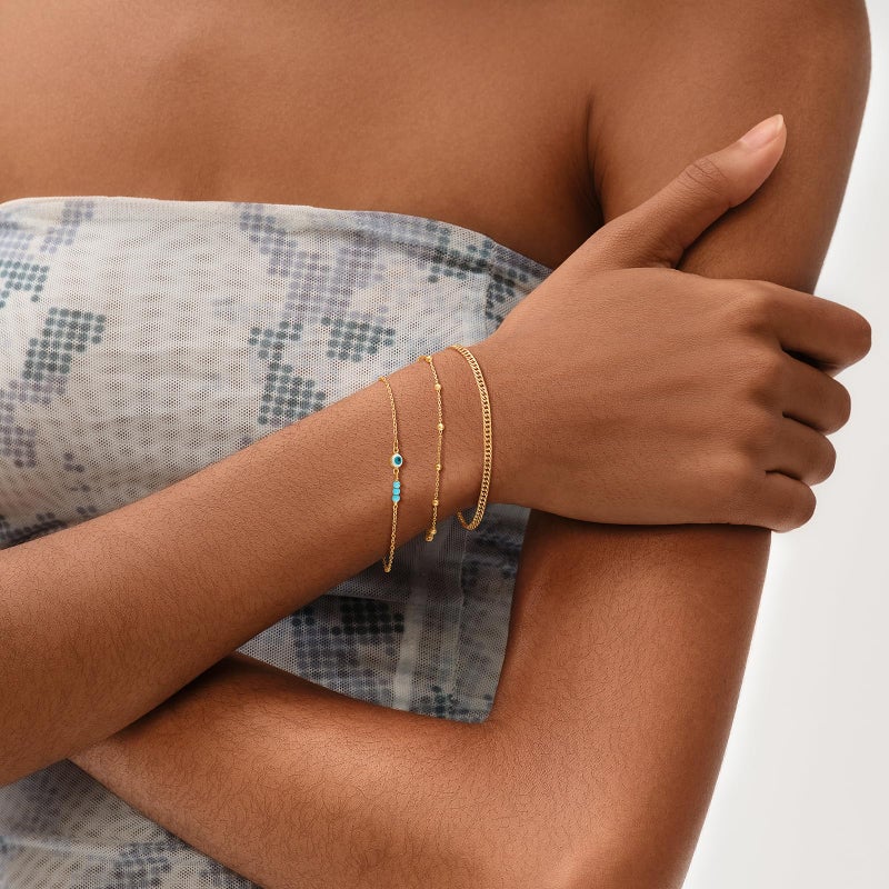 MEVECCO Bracelet for Women Gold Evil Eye Ball Turquoise Trio Bead Wire Wrapped 14K Gold Plated Dainty Chain Handmade Simple Protection Jewelry - Image 2