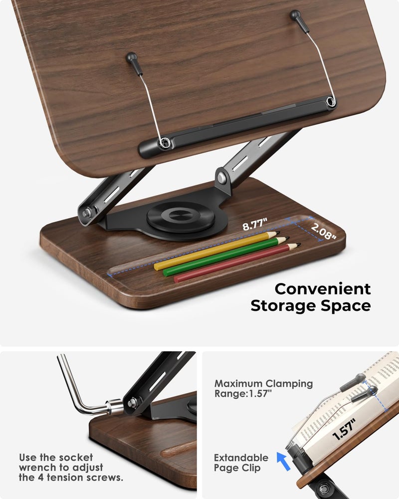Viozon Book Stand for Reading, Book Holder 360Â° Rotating Base with Pen Slot, Foldable Reading Display Stand with Elastic Page Clips for Cookbook, Recipe, Textbook, Tablet, Laptop - Image 5