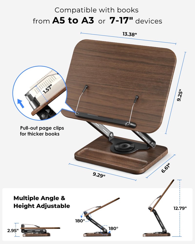 Viozon Book Stand for Reading, Book Holder 360Â° Rotating Base with Pen Slot, Foldable Reading Display Stand with Elastic Page Clips for Cookbook, Recipe, Textbook, Tablet, Laptop - Image 3
