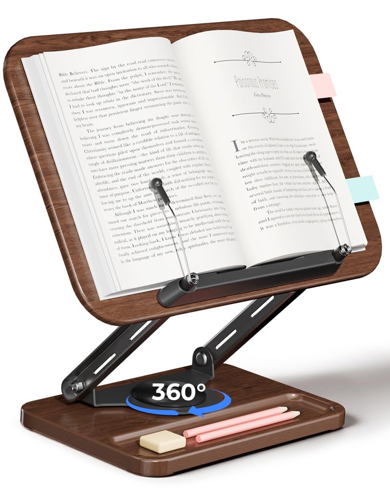 Viozon Book Stand for Reading, Book Holder 360Â° Rotating Base with Pen Slot, Foldable Reading Display Stand with Elastic Page Clips for Cookbook, Recipe, Textbook, Tablet, Laptop - Image 1