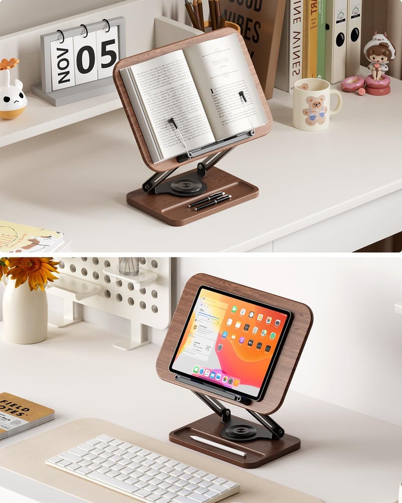 Viozon Book Stand for Reading, Book Holder 360Â° Rotating Base with Pen Slot, Foldable Reading Display Stand with Elastic Page Clips for Cookbook, Recipe, Textbook, Tablet, Laptop - Image 2