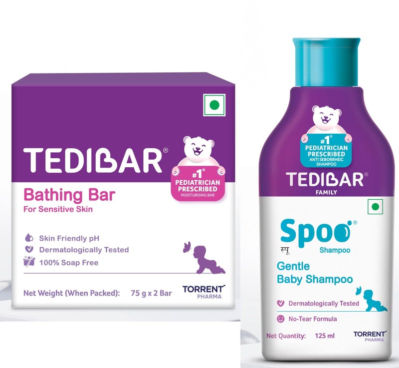 Tedibar Moisturising Baby Bathing Bar 75gx2(Pack of 1) with Skin Friendly PH with Spoo Shampoo Tedibar Gentle Baby Shampoo 125Ml No Tears | Gentle On Scalp | No. 1 Pediatrician Prescribed Shampoo - Image 1
