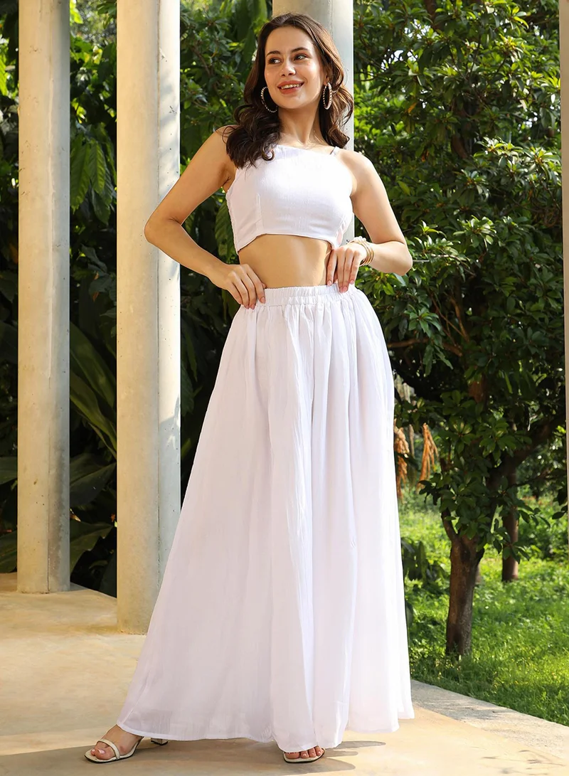  قصة Women's Daisy White Bloom Motif Kurta With Crop Top And Palazzo