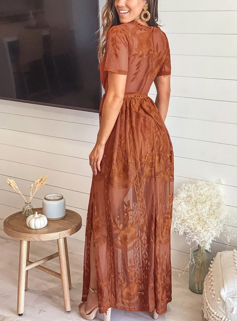 Eleter Women's Romper Dress for Wedding Guest Boho Maxi Floral Lace Wedding Dress Flowy Bridesmaid Beach Bridal Shower Dress(M,Burnt Orange) - Image 3