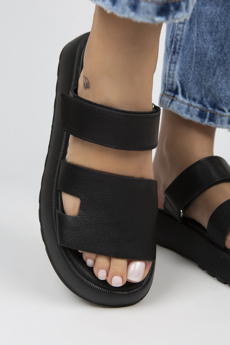 Manijero Seina Women's Leather Velcro Slippers Black Slippers - Image 5