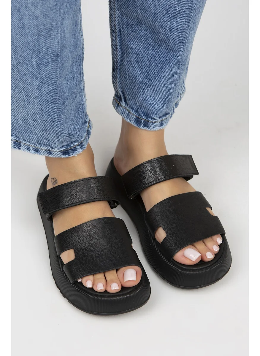 Manijero Seina Women's Leather Velcro Slippers Black Slippers