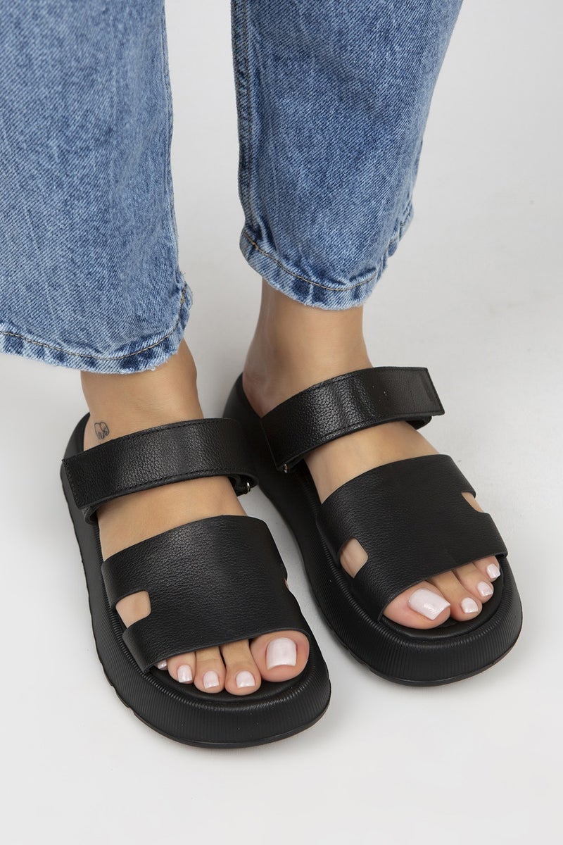 Manijero Seina Women's Leather Velcro Slippers Black Slippers - Image 2