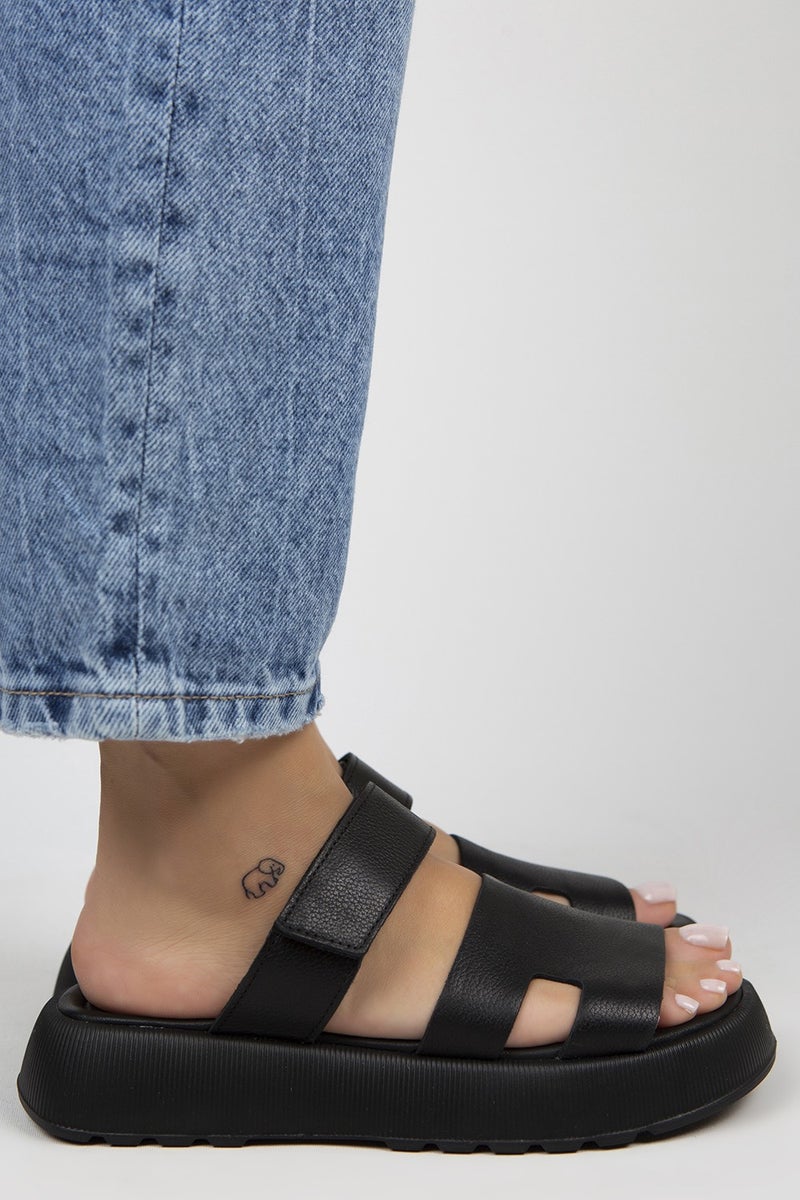 Manijero Seina Women's Leather Velcro Slippers Black Slippers - Image 3