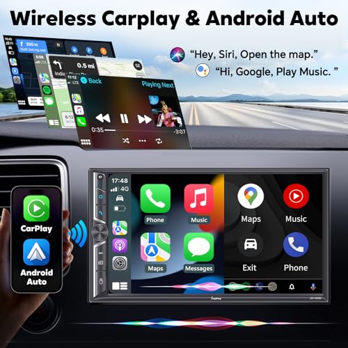 SJOYBRING [Upgrade Wireless] 7" Double Din Car Radio with Wireless Apple CarPlay and Android Auto, Bluetooth 5.3 Car Play, 240W 4.2-Channel Audio Output, Mirror Link, Backup Camera, AM/FM Car Stereo - Image 2
