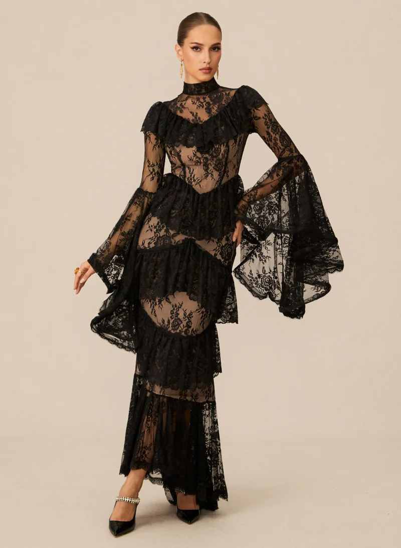 Sunfere  Angela Tiered Ruffle Sheer Lace Maxi Dress for Women | Best Price UAE