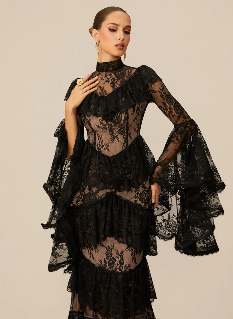 Sunfere  Angela Tiered Ruffle Sheer Lace Maxi Dress for Women | Best Price UAE
