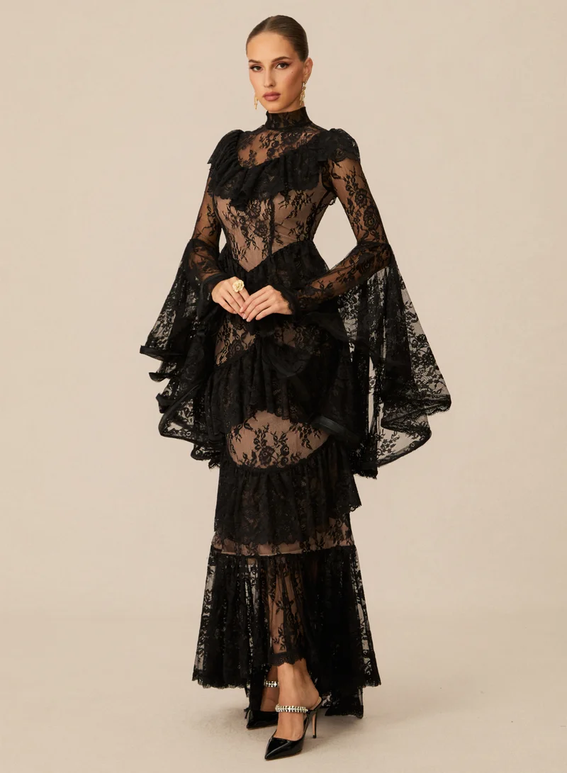 سنفير Angela Tiered Ruffle Sheer Lace Maxi Dress