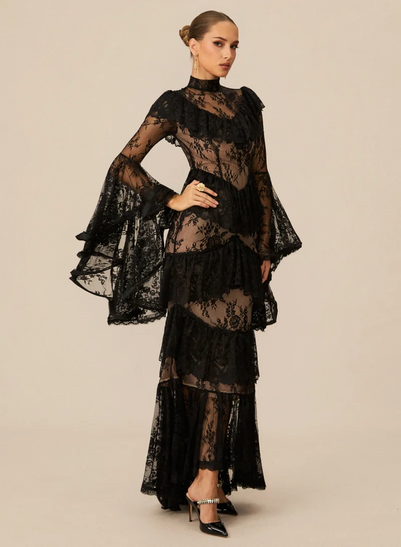 سنفير Angela Tiered Ruffle Sheer Lace Maxi Dress