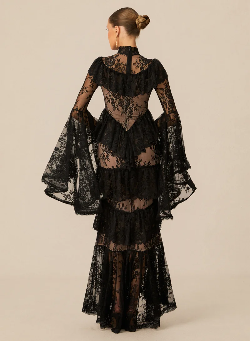 Sunfere  Angela Tiered Ruffle Sheer Lace Maxi Dress for Women | Best Price UAE