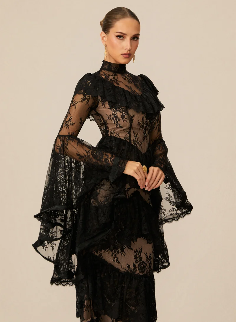 Sunfere  Angela Tiered Ruffle Sheer Lace Maxi Dress for Women | Best Price UAE