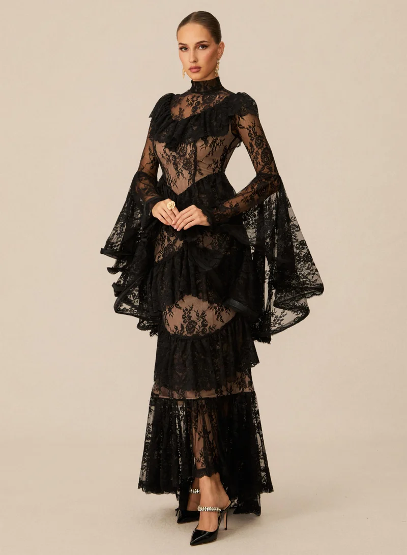 سنفير Angela Tiered Ruffle Sheer Lace Maxi Dress