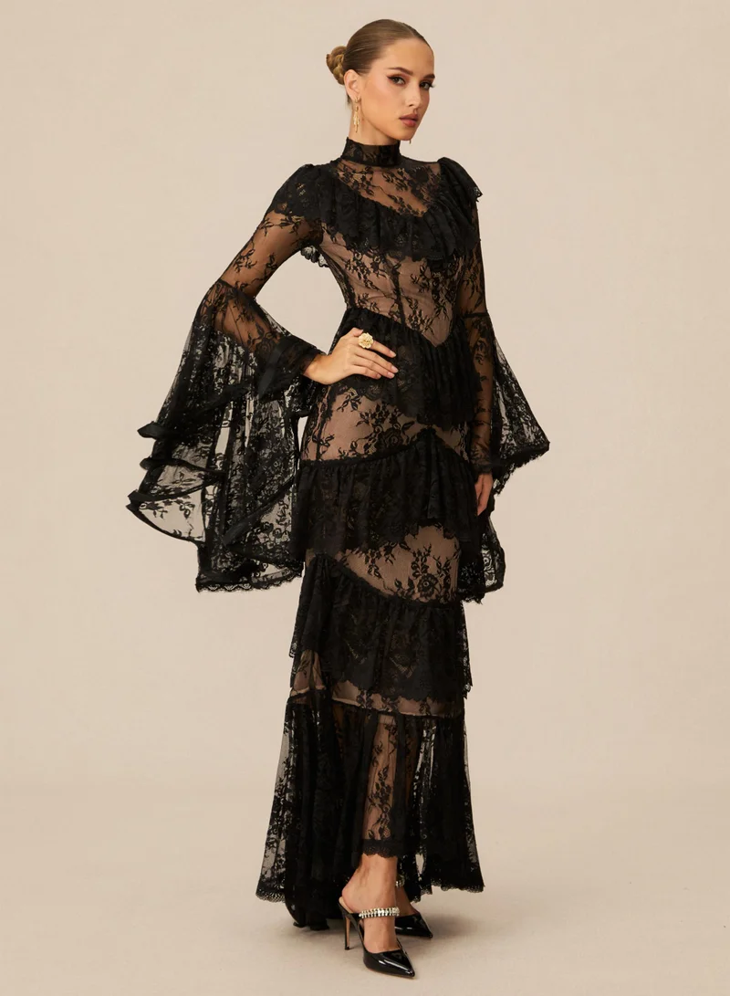 سنفير Angela Tiered Ruffle Sheer Lace Maxi Dress