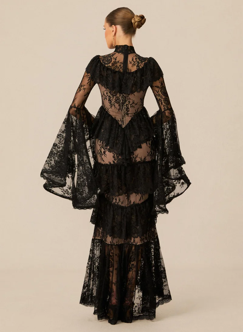 Sunfere  Angela Tiered Ruffle Sheer Lace Maxi Dress for Women | Best Price UAE