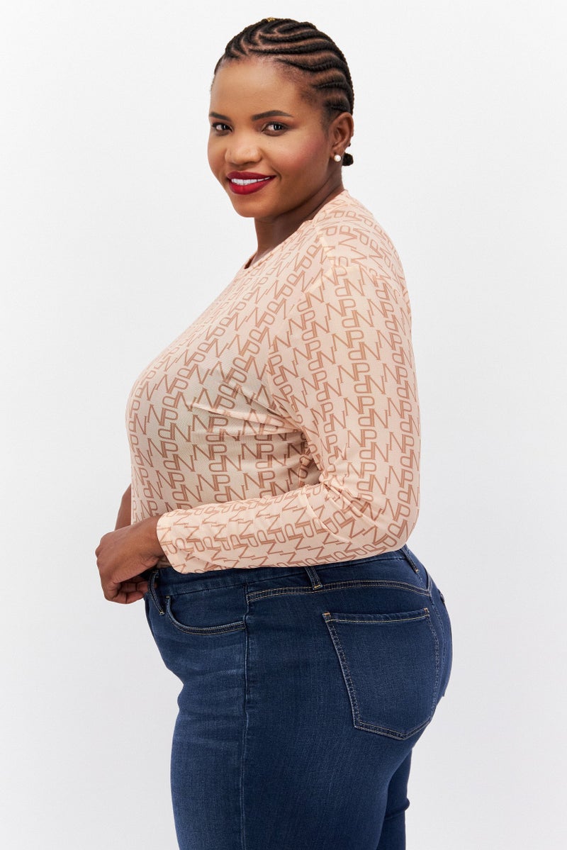 Nina Parker Women Plus Size Round Neck Long Sleeve Allover Print Bodysuit, Tan  - Image 3